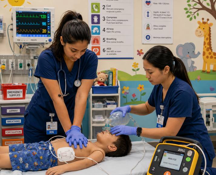 two nurses performing cpr on chid with the help of aed